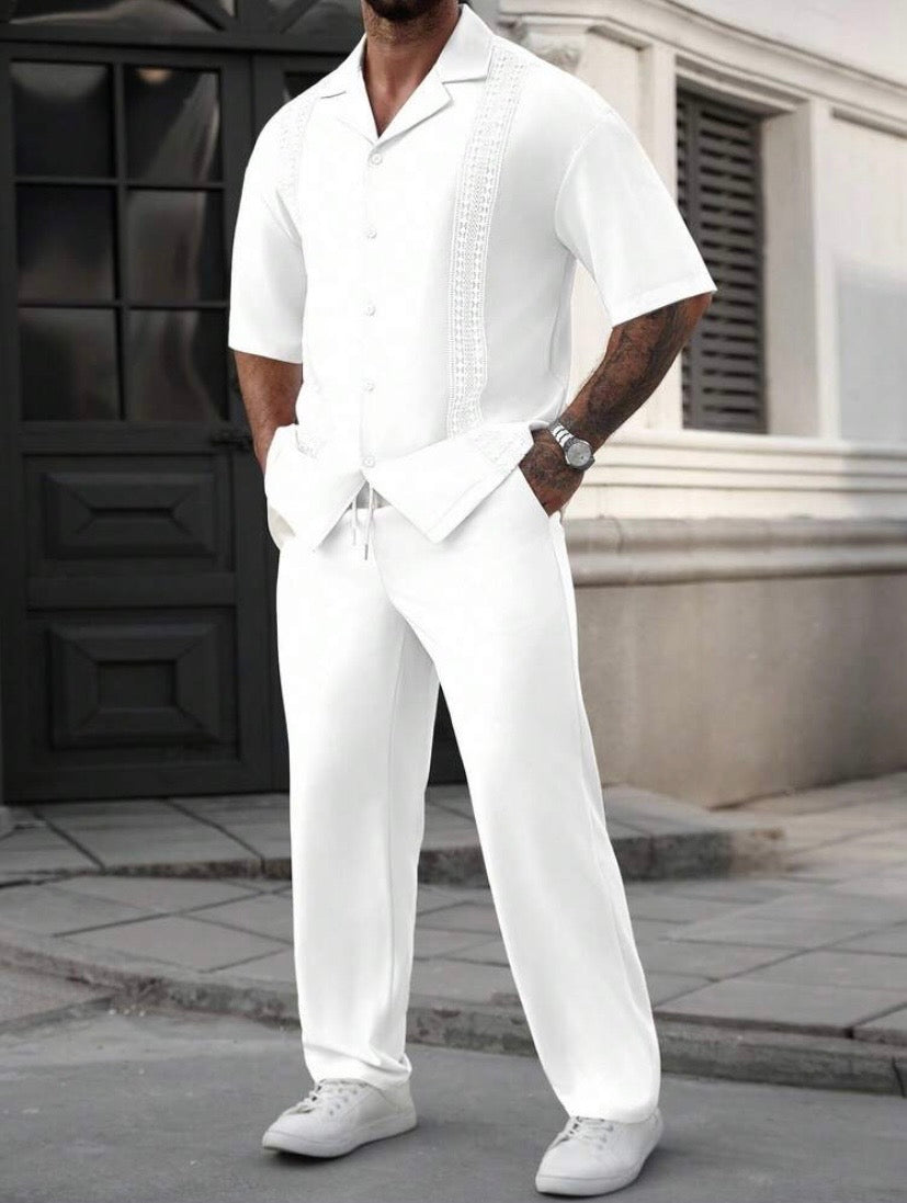 Ensemble décontracté 2 pièces pour homme avec chemise à manches courtes et pantalon à cordon, style vacances élégant et confortable pour le printemps, l’été et l’automne