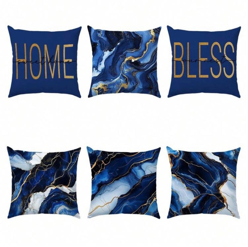 Lot de 6 housses de coussin à motif marbre bleu en velours doux, idéales pour apporter une touche moderne à votre salon ou votre chambre.