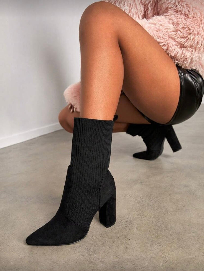 CUCCOO BASICS Apricot Color Fabric Chelsea Pointed Toe Chunky High Heel Mid-Calf Boots, Fashion Women Shoes For And Spring Shoes Spring Break Easter For Christmas