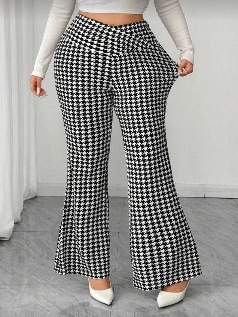 Pantalon Flare Femme Grande Taille, Tricot Pied-de-Poule, Taille Croisée, Automne/Hiver