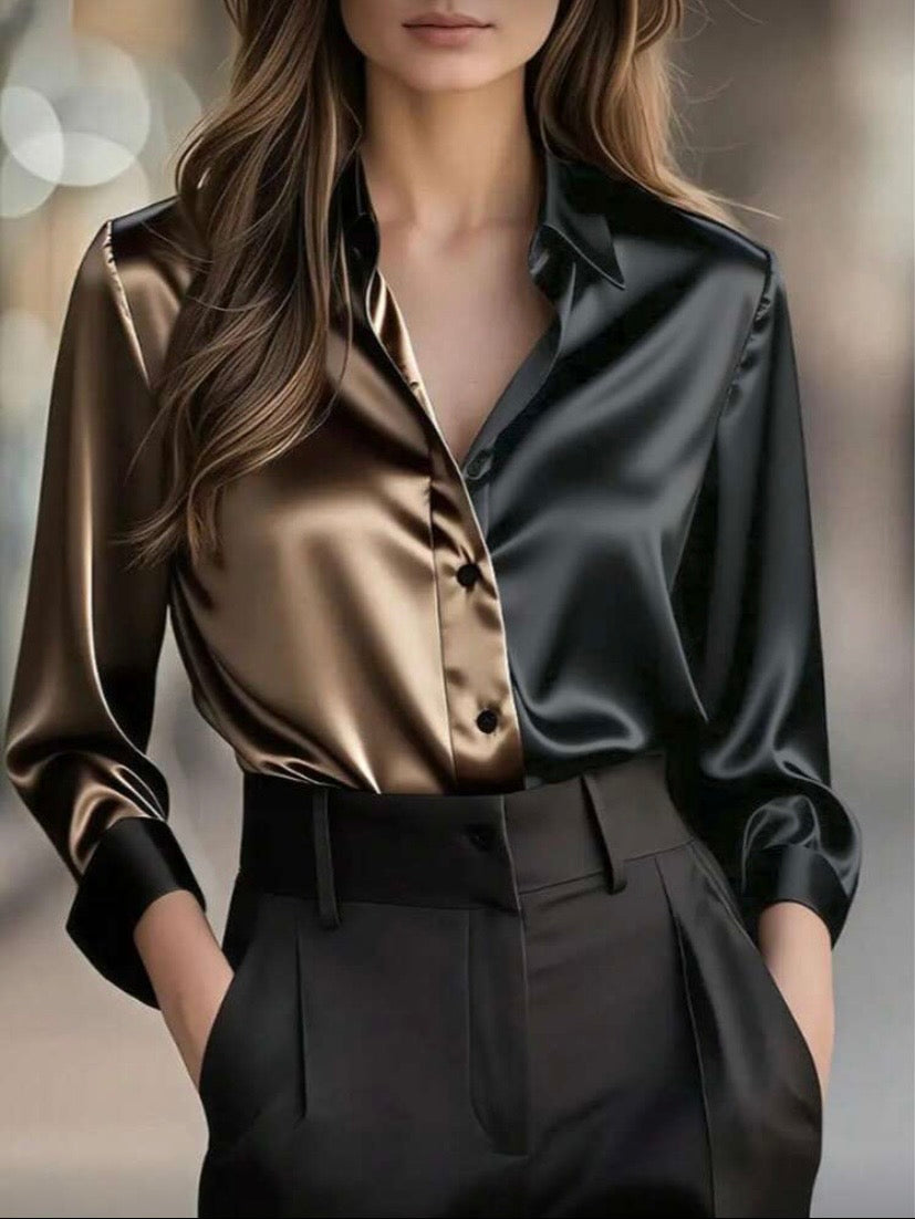 Chemise satinée à boutons et color block, manches longues, style élégant pour le quotidien 👚