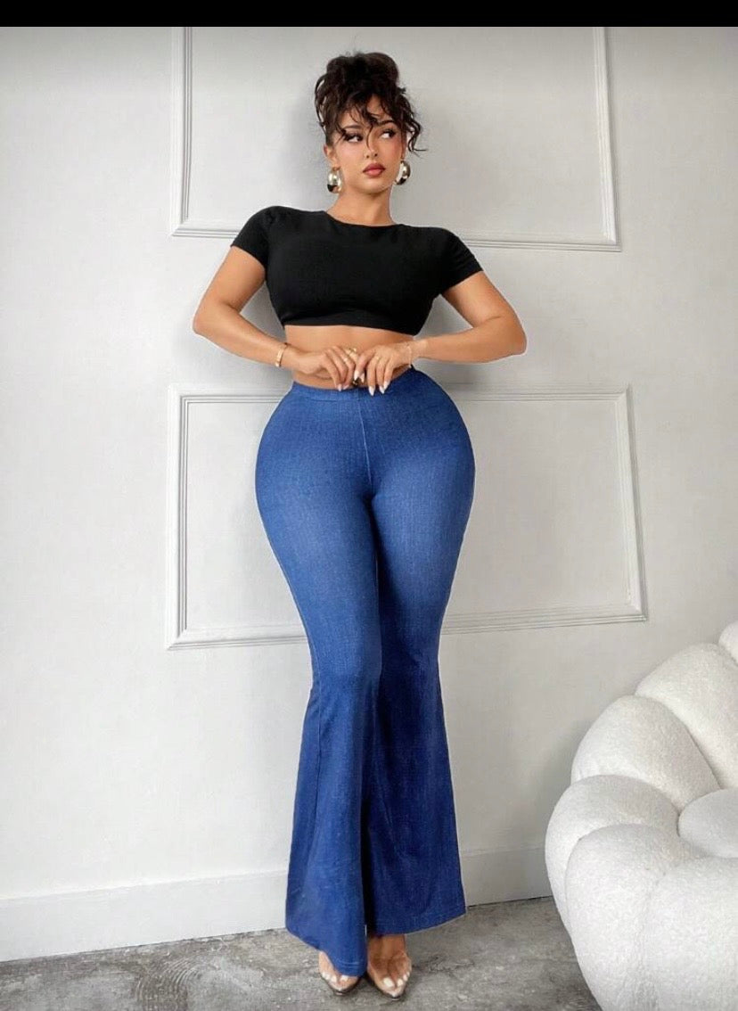 Pantalon Flare Taille Haute Effet Denim, Coupe Slim, Effet Galbant avec Taille Froncée au Dos