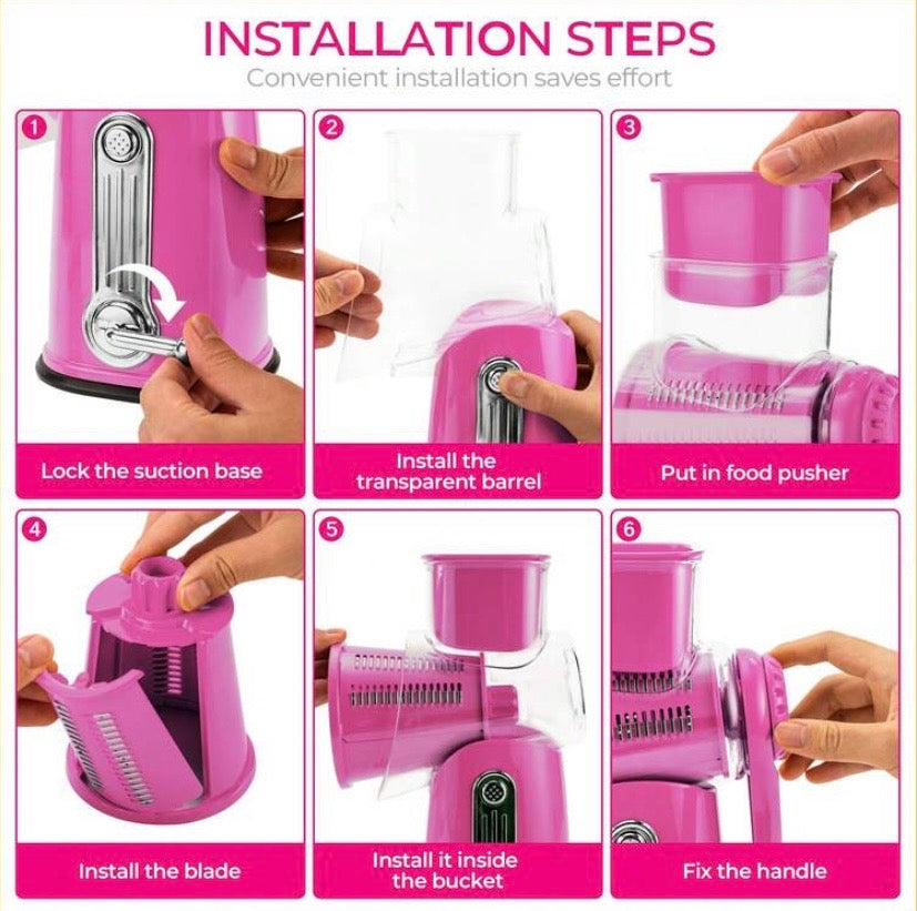 Râpe rotative manuelle avec poignée et lames interchangeables, base ventouse et rangement intégré, idéale pour fromage, légumes et fruits secs.