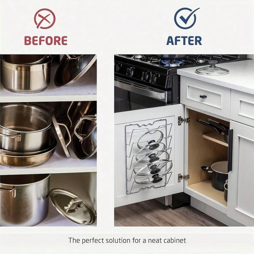Organisateur mural de cuisine en acier inoxydable 304 avec rangement multicouche, idéal pour couvercles et accessoires tout en optimisant l’espace.