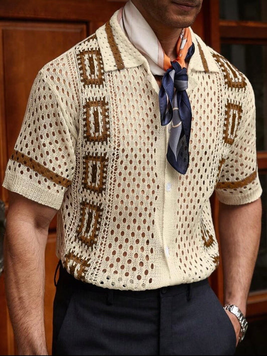 T-shirt Homme Tricot à Manches Courtes, Couleur Contrastée, Détails Découpés