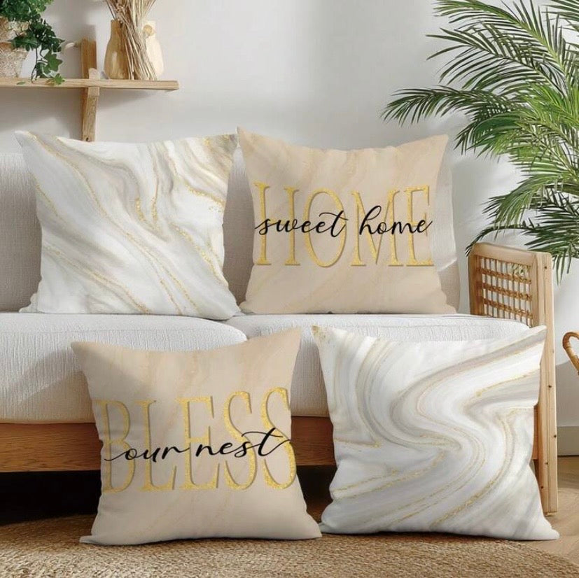 Lot de 6 housses de coussin à motif marbre bleu en velours doux, idéales pour apporter une touche moderne à votre salon ou votre chambre.
