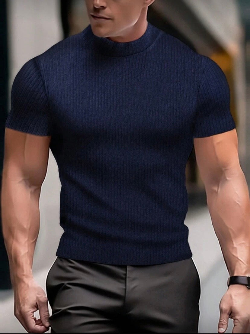 T-shirt homme uni à manches courtes avec col montant côtelé