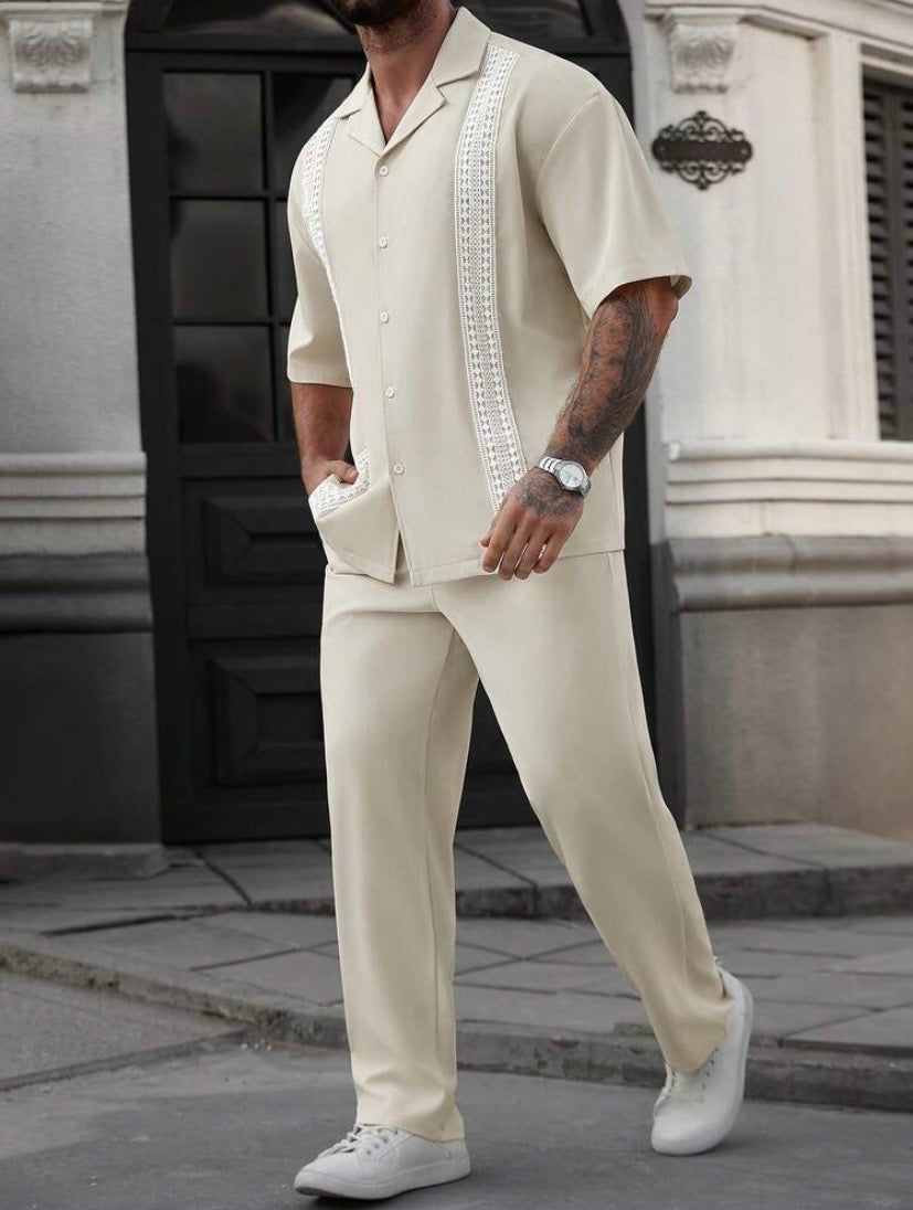 Ensemble décontracté 2 pièces pour homme avec chemise à manches courtes et pantalon à cordon, style vacances élégant et confortable pour le printemps, l’été et l’automne