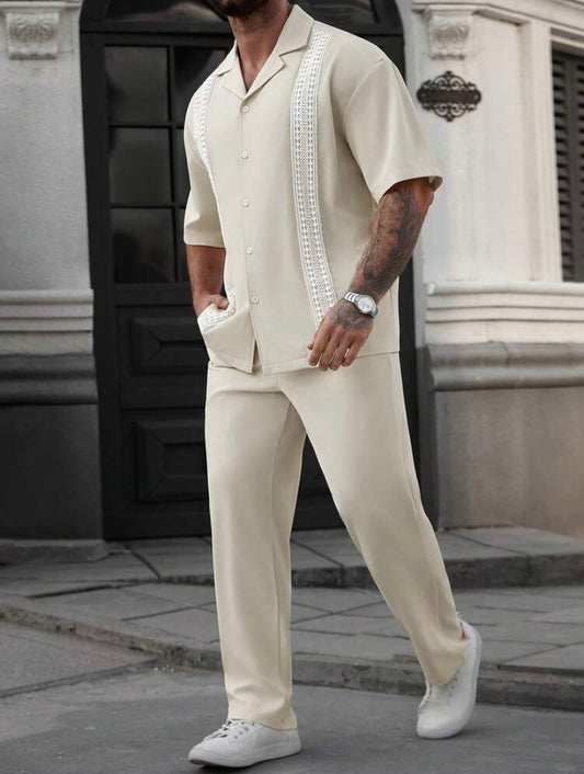 Ensemble décontracté 2 pièces pour homme avec chemise à manches courtes et pantalon à cordon, style vacances élégant et confortable pour le printemps, l’été et l’automne