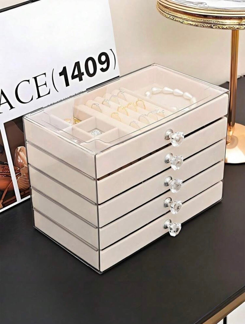 Boîte de rangement à bijoux en acrylique transparent à plusieurs niveaux avec tiroirs empilables, idéale pour organiser colliers, bracelets et boucles d’oreilles.