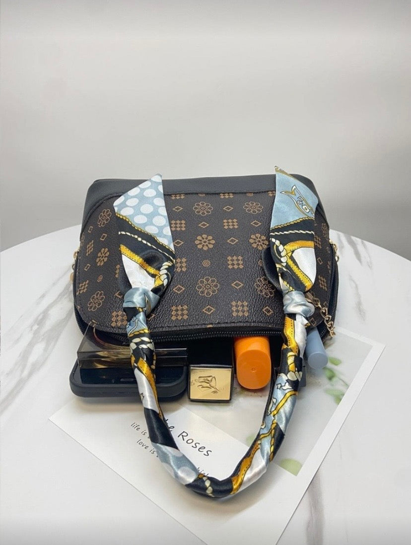 Mini sac à motif géométrique métallique avec foulard et chaîne, porté main ou croisé, fermeture éclair 👜