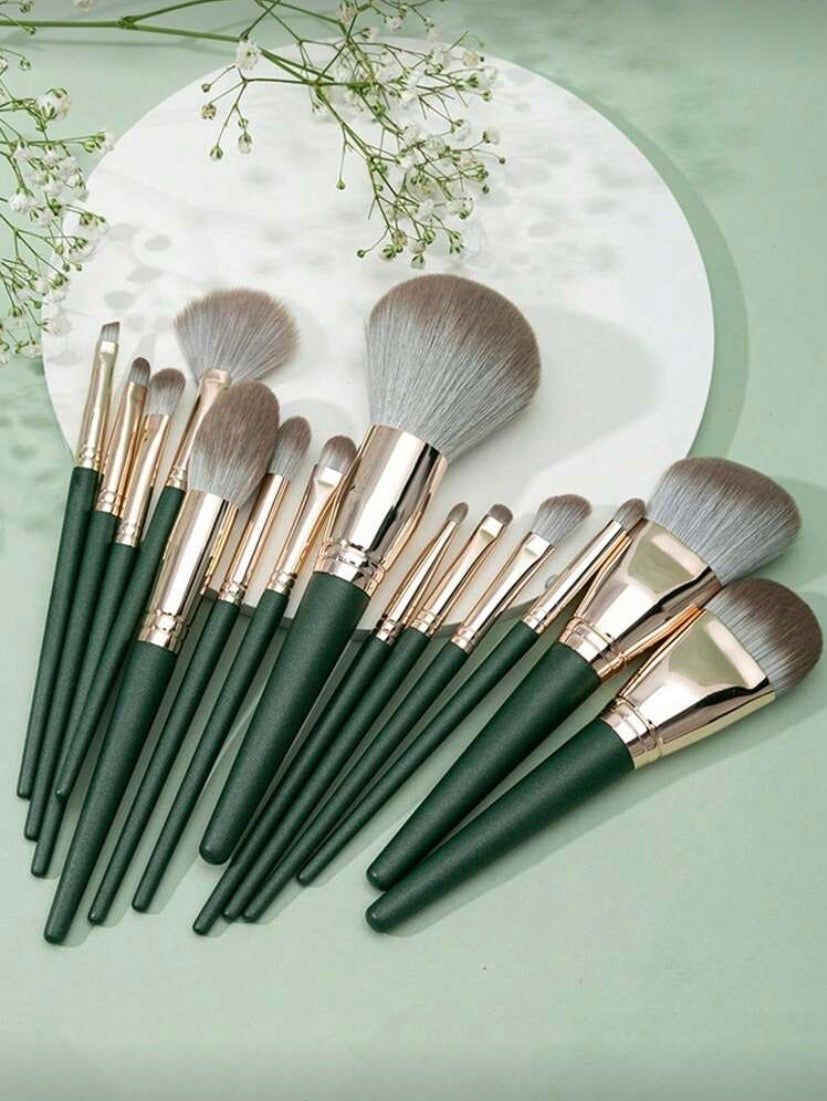 Set de 14 Pinceaux de Maquillage Kabuki, Poils Nylon Hypoallergéniques, Manche ABS, Vert Foncé, Pour Tous Types de Peau