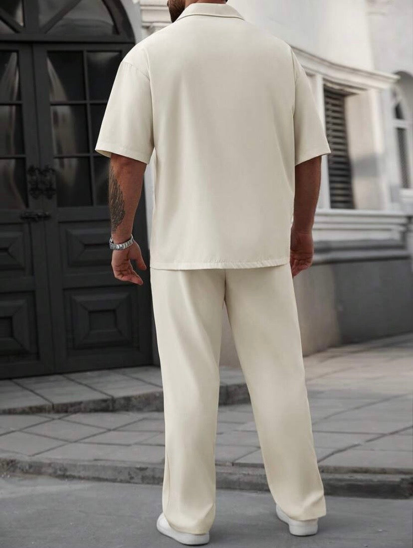 Ensemble décontracté 2 pièces pour homme avec chemise à manches courtes et pantalon à cordon, style vacances élégant et confortable pour le printemps, l’été et l’automne