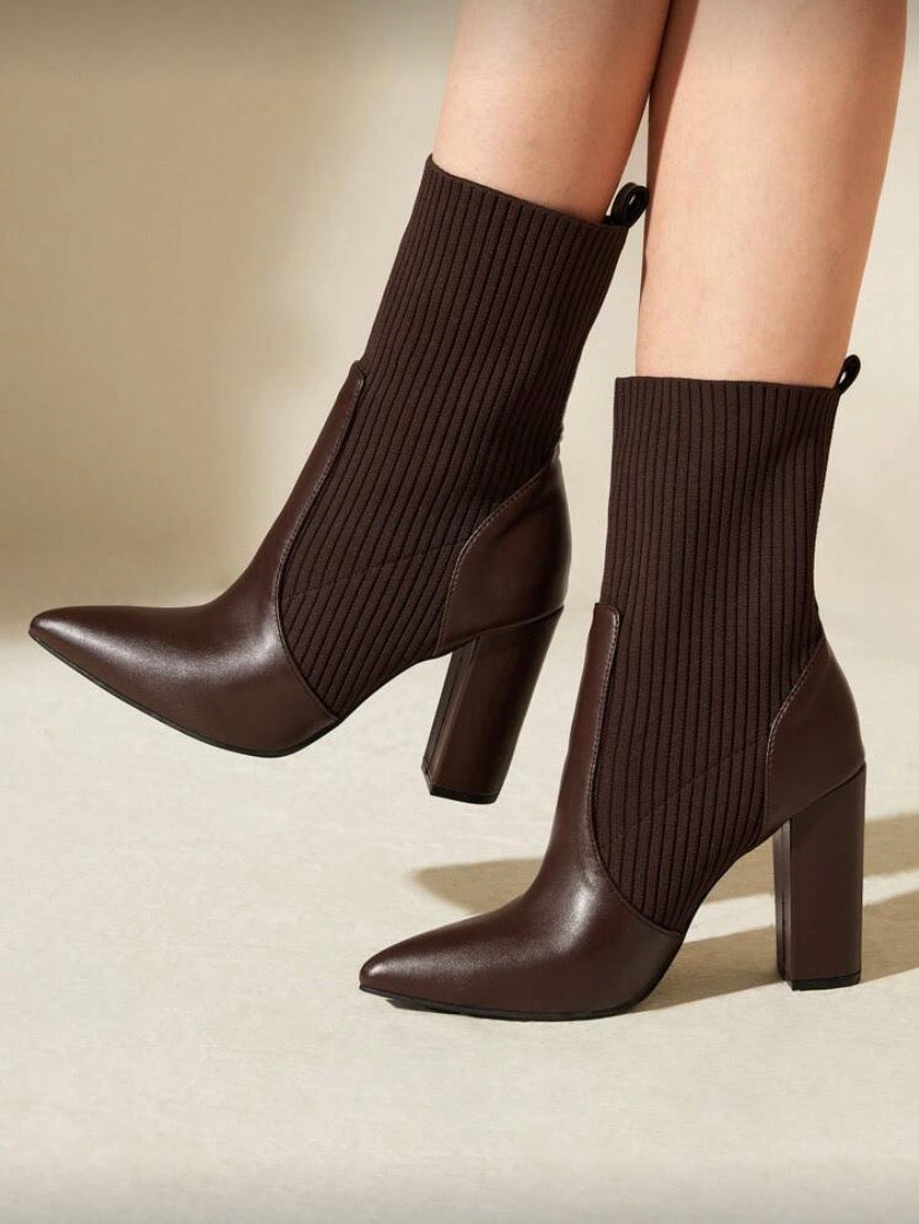 CUCCOO BASICS Apricot Color Fabric Chelsea Pointed Toe Chunky High Heel Mid-Calf Boots, Fashion Women Shoes For And Spring Shoes Spring Break Easter For Christmas