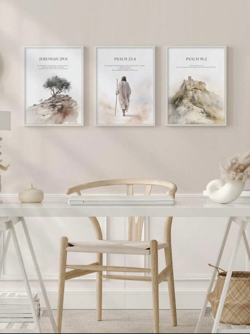 Lot de 3 toiles murales avec portrait de Jésus et paysage naturel, décoration bohème élégante sans cadre pour salon, bureau ou chambre, idée cadeau chrétienne raffinée