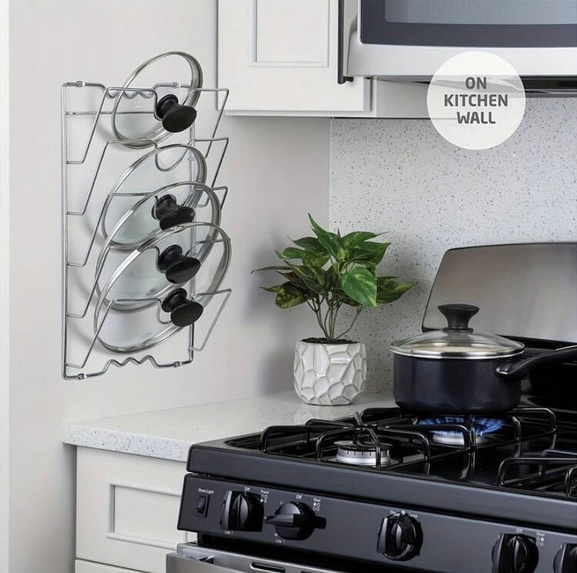 Organisateur mural de cuisine en acier inoxydable 304 avec rangement multicouche, idéal pour couvercles et accessoires tout en optimisant l’espace.