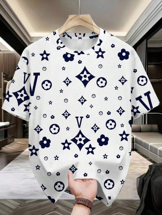 T-shirt homme bleu marine à imprimé floral vintage, style décontracté et tendance