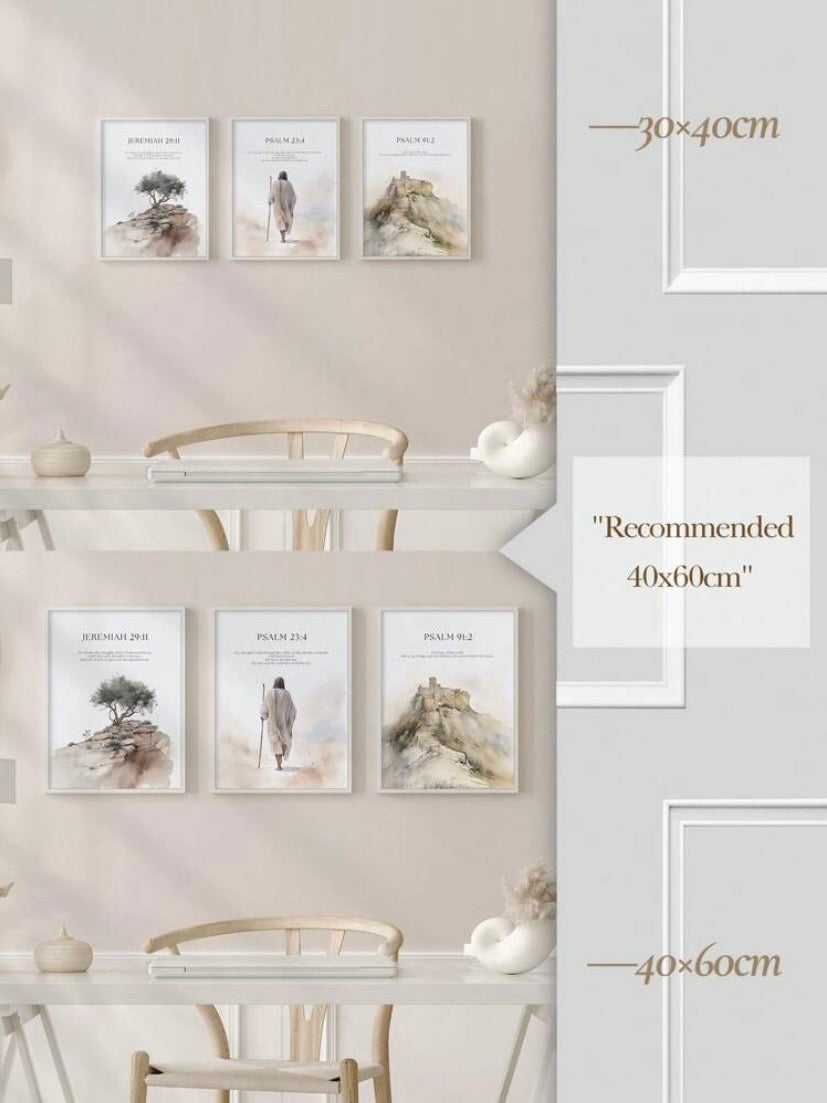 Lot de 3 toiles murales avec portrait de Jésus et paysage naturel, décoration bohème élégante sans cadre pour salon, bureau ou chambre, idée cadeau chrétienne raffinée