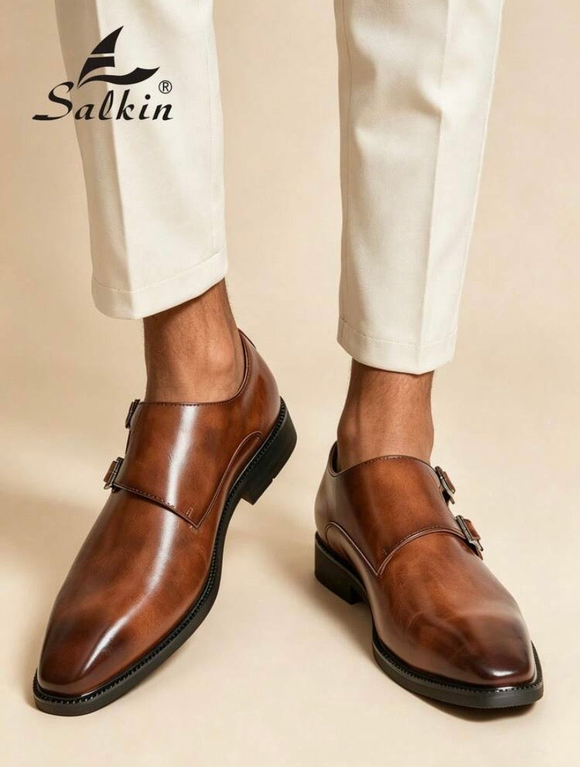 Mocassins élégants pour homme à bout pointu avec double boucle style monk strap, parfaits pour le bureau, les cérémonies et les occasions formelles.