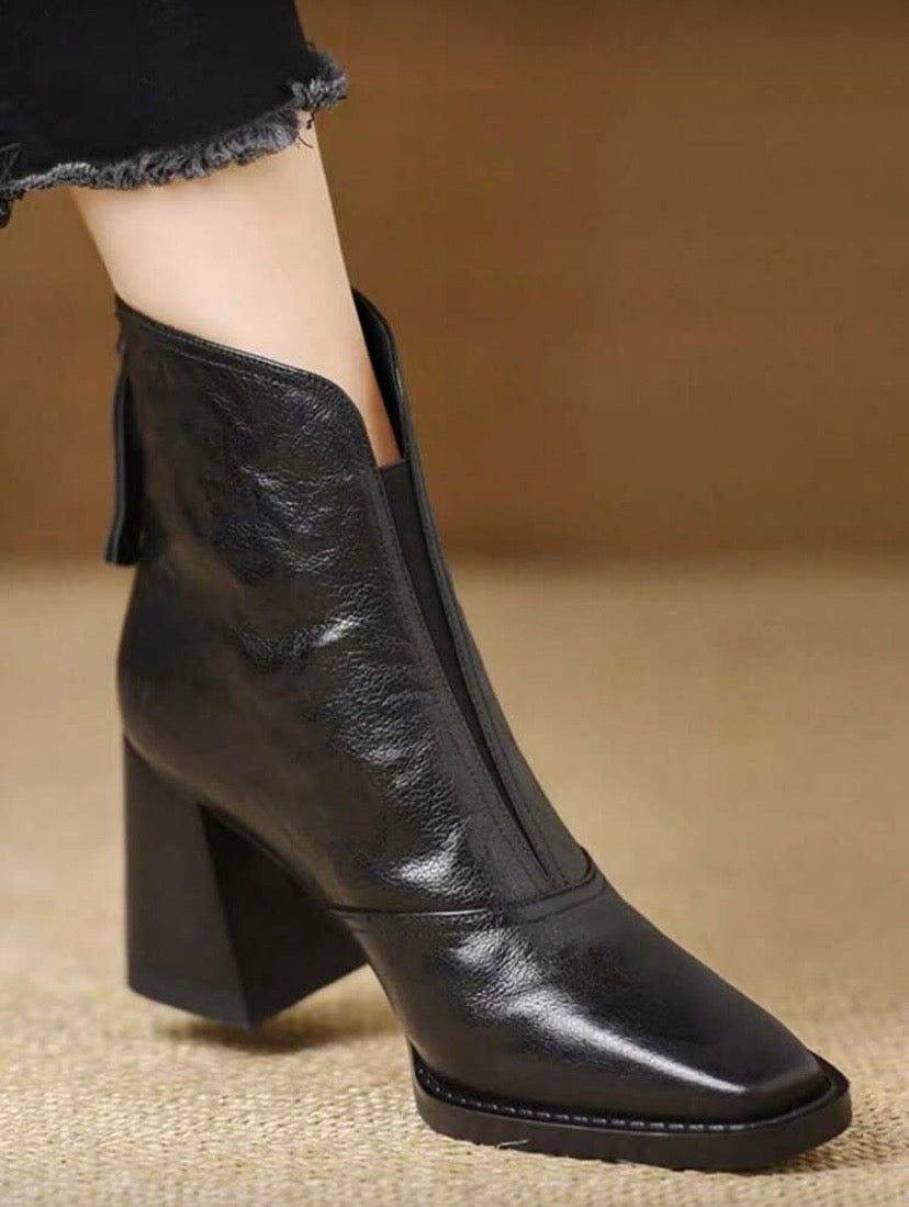 Bottines Femme à Talon Épais – Bout Carré, Style Rétro Britannique Élégant Automne/Hiver
