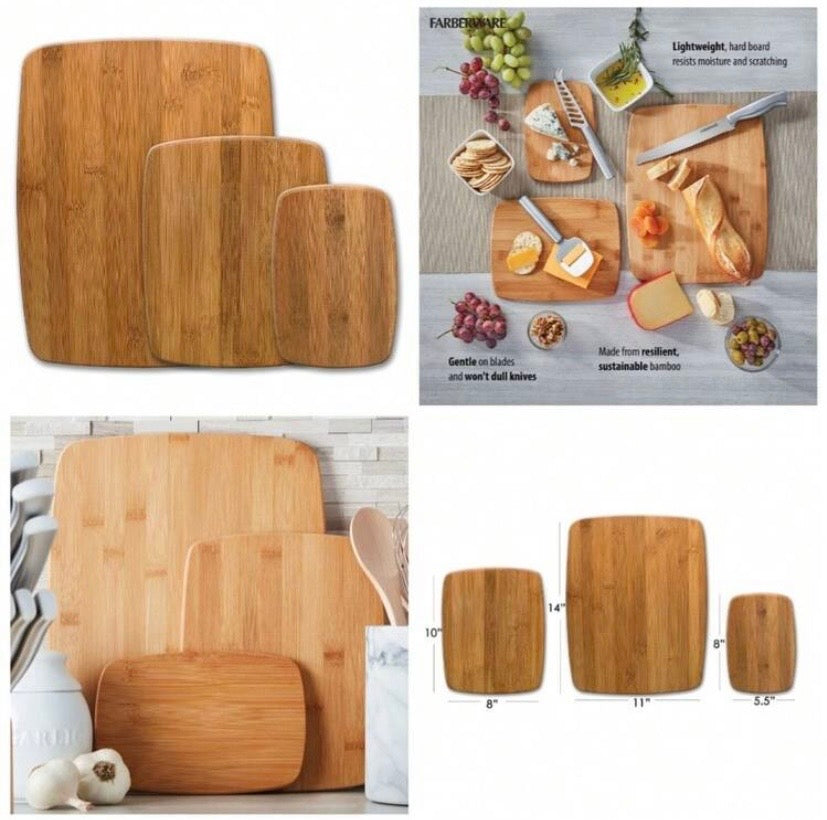 Lot de 3 planches à découper en bambou avec patins antidérapants, idéales pour la préparation et la découpe en cuisine.