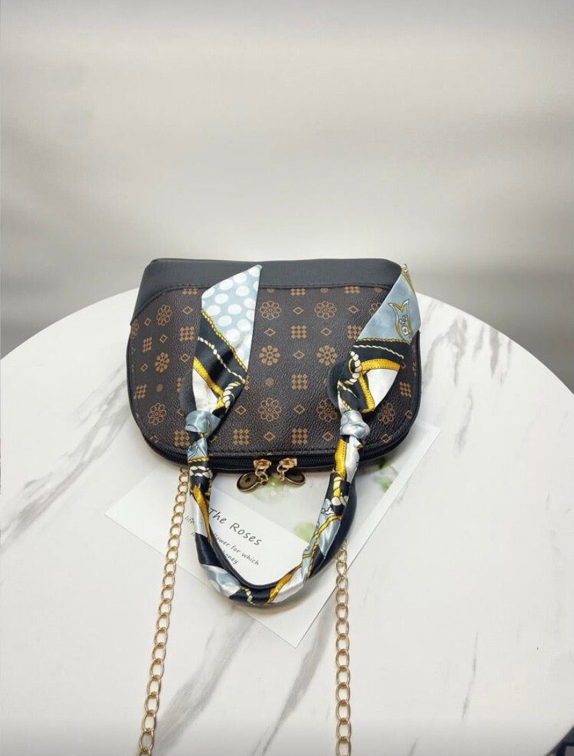 Mini sac à motif géométrique métallique avec foulard et chaîne, porté main ou croisé, fermeture éclair 👜