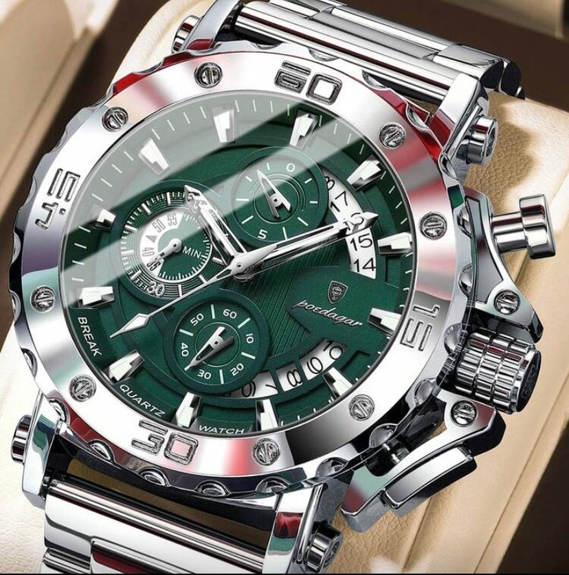 Montre Homme Quartz Chronographe en Acier Inoxydable, Affichage Date et Aiguilles Lumineuses, Style Sport Quotidien