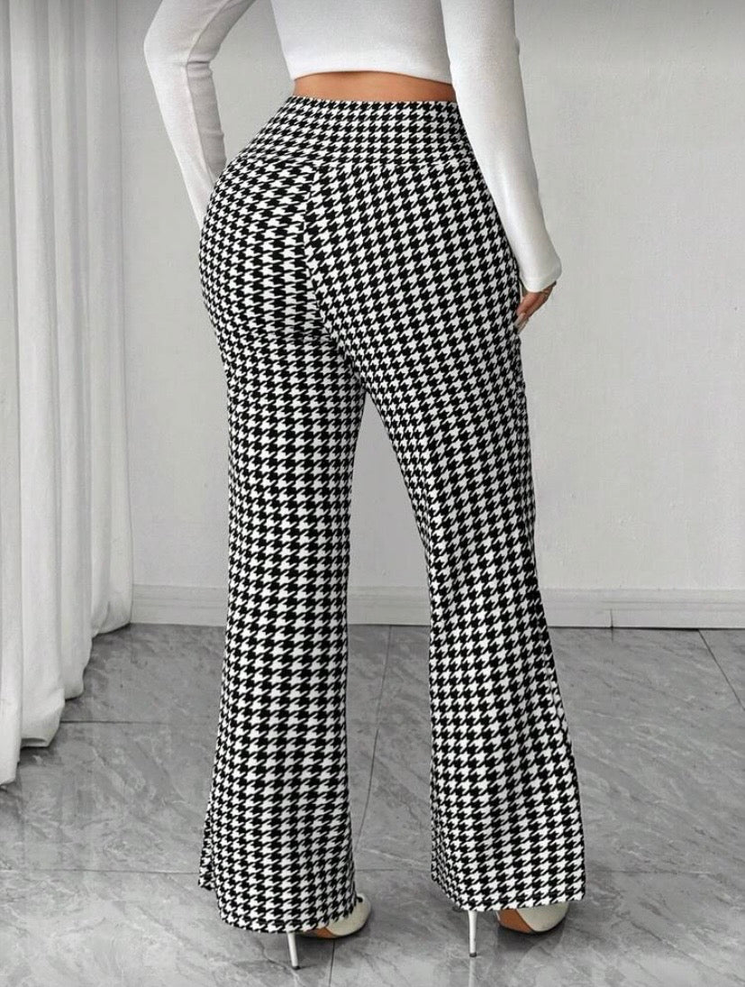 Pantalon Flare Femme Grande Taille, Tricot Pied-de-Poule, Taille Croisée, Automne/Hiver