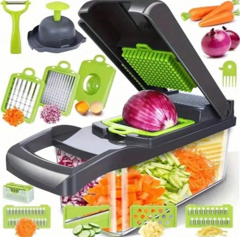 Coupe-légumes multifonction 16 en 1 avec 8 lames, hachoir à oignons et légumes avec récipient, idéal pour une préparation rapide en cuisine.