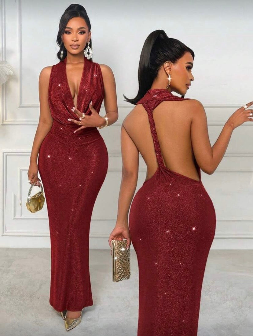 Robe élégante dos nu à col drapé, coupe fluide et extensible, couleur unie ✨