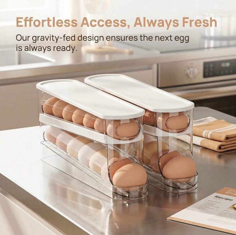 Boîte de rangement pour œufs à rouleau automatique double niveau, idéale pour conserver et organiser les œufs au réfrigérateur ou en cuisine.