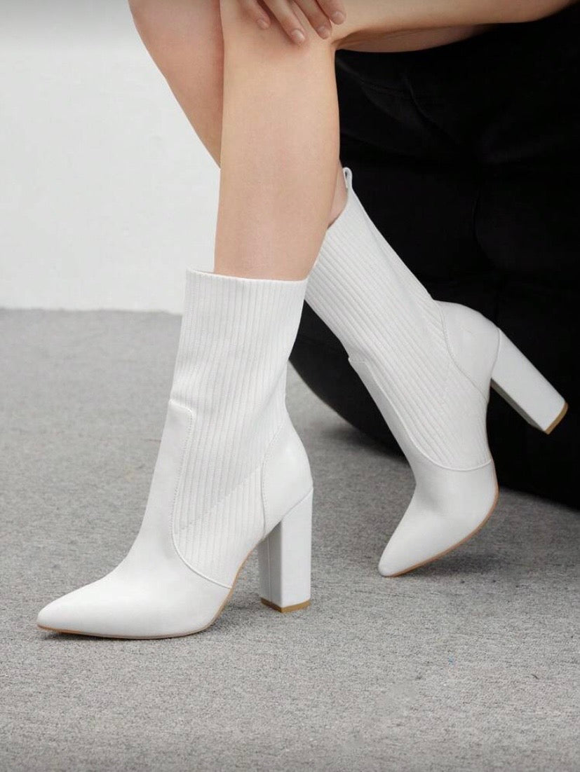 CUCCOO BASICS Apricot Color Fabric Chelsea Pointed Toe Chunky High Heel Mid-Calf Boots, Fashion Women Shoes For And Spring Shoes Spring Break Easter For Christmas