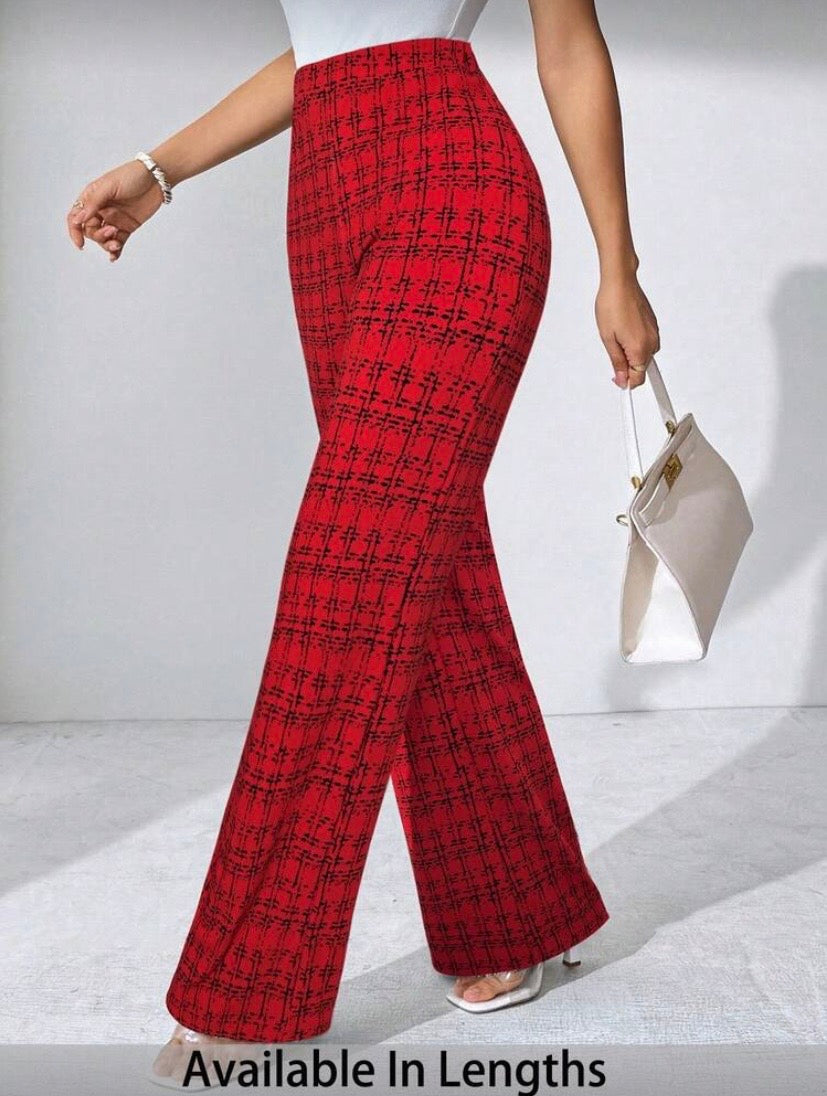 Pantalon Palazzo Grande Taille, Imprimé Carreaux, Maille Élastique, Coupe Large Élégante, Automne