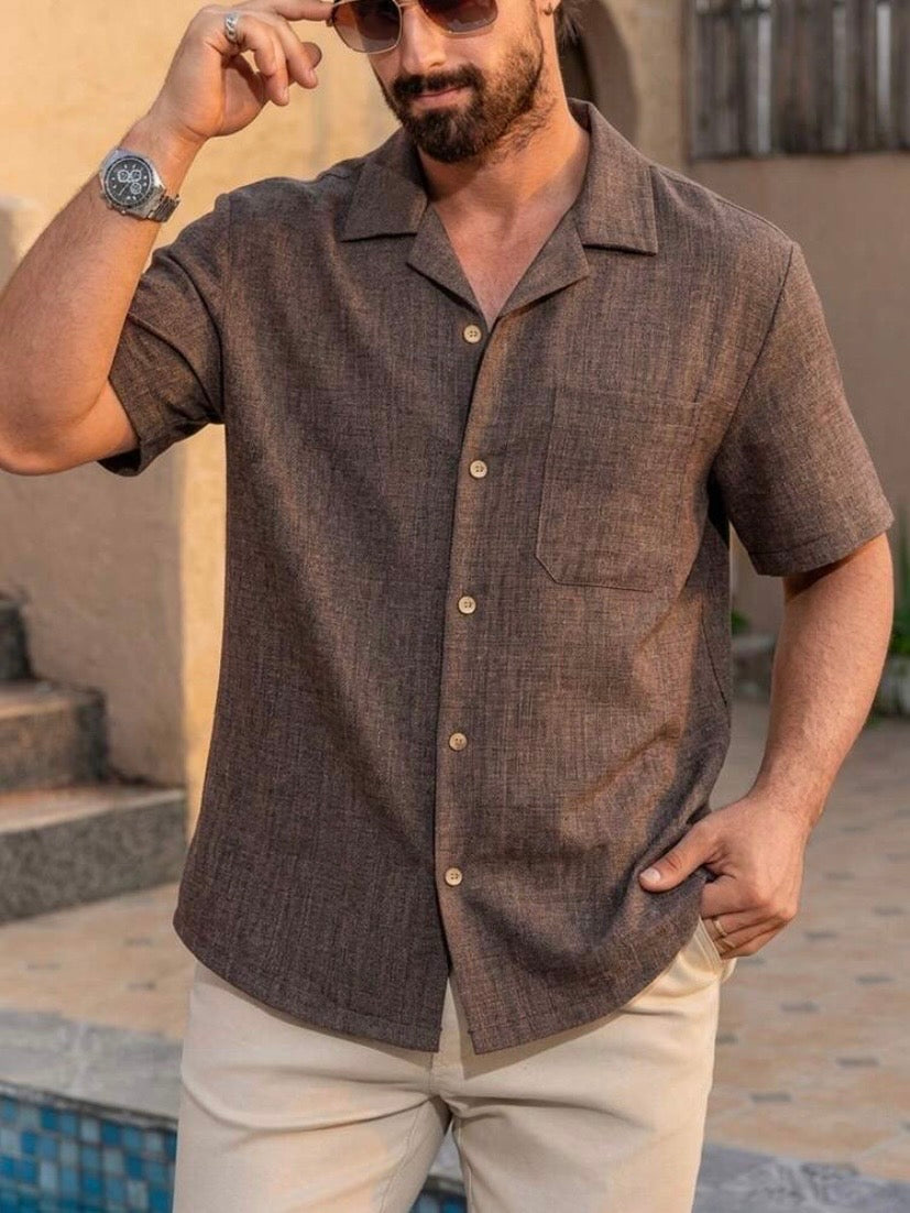 Chemise décontractée pour homme coupe ample effet lin, légère et respirante, idéale pour les vacances d’été et les sorties décontractées.