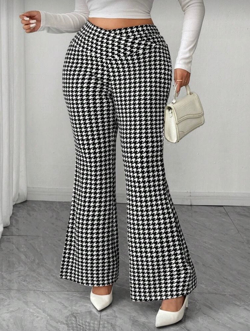 Pantalon Flare Femme Grande Taille, Tricot Pied-de-Poule, Taille Croisée, Automne/Hiver