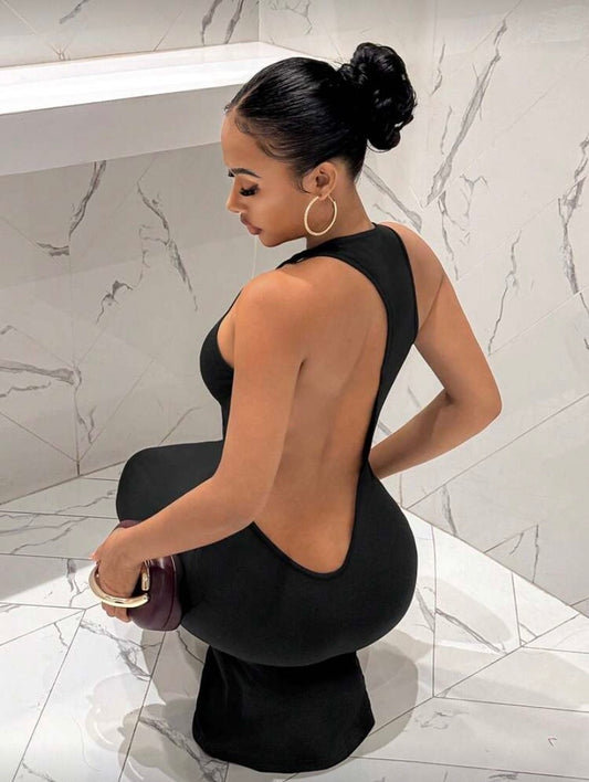 Robe longue ajustée sans manches, col rond et dos nu, style élégant et polyvalent ✨👗