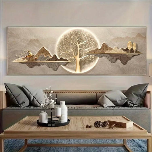 Toile murale minimaliste nordique avec lune dorée et paysage montagneux, décoration moderne sans cadre pour salon ou chambre.
