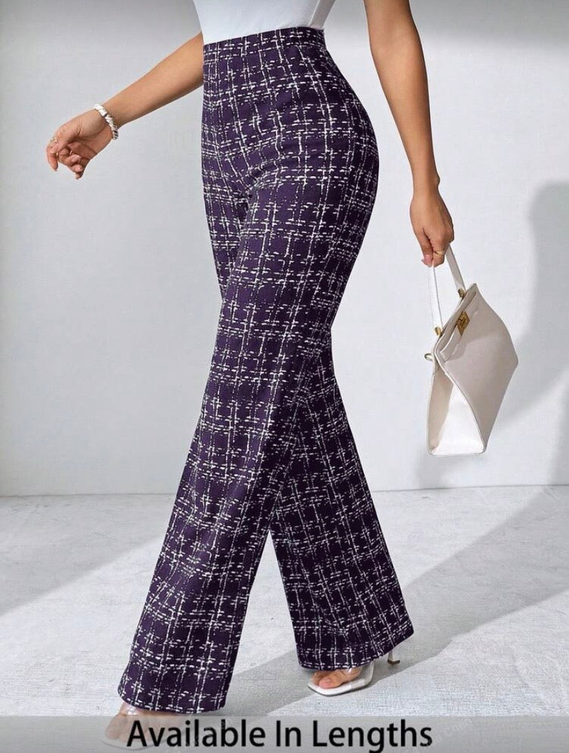 Pantalon Palazzo Grande Taille, Imprimé Carreaux, Maille Élastique, Coupe Large Élégante, Automne