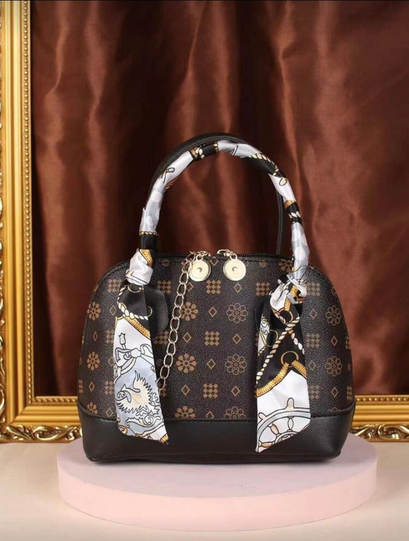 Mini sac à motif géométrique métallique avec foulard et chaîne, porté main ou croisé, fermeture éclair 👜