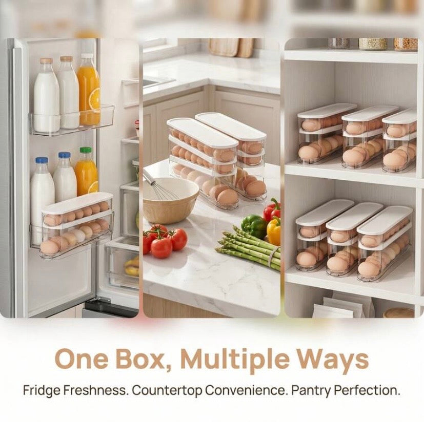 Boîte de rangement pour œufs à rouleau automatique double niveau, idéale pour conserver et organiser les œufs au réfrigérateur ou en cuisine.