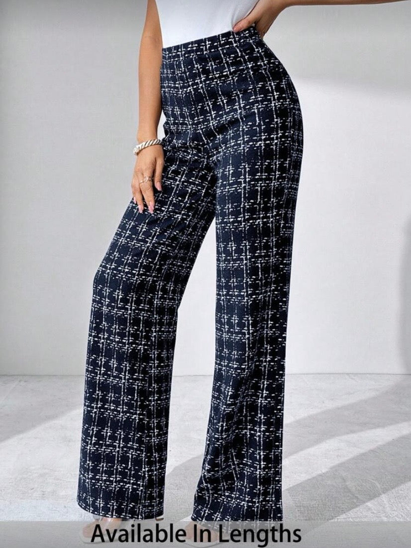Pantalon Palazzo Grande Taille, Imprimé Carreaux, Maille Élastique, Coupe Large Élégante, Automne