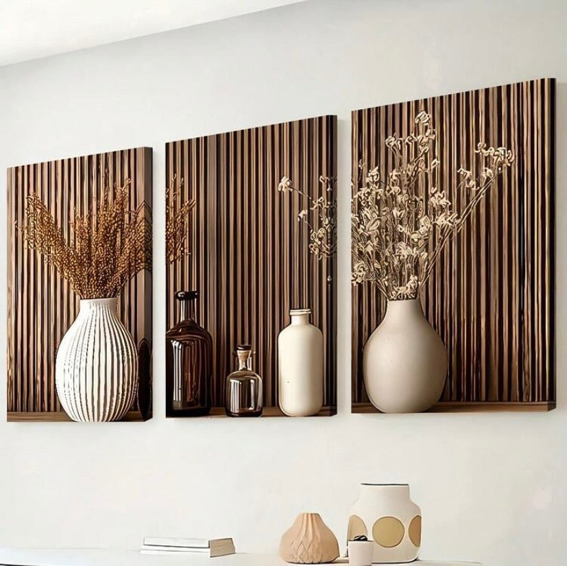 Lot de 3 toiles décoratives style bois moderne avec plantes en pot, impressions haute définition sans cadre pour salon, chambre ou bureau.