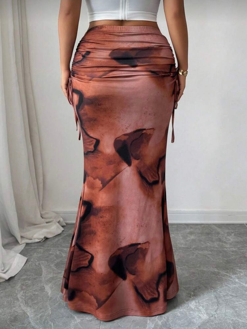 Jupe Longue Taille Haute Plissée, Imprimé Tie-Dye Vintage, Coupe Ajustée, Ourlet Sirène Élégant