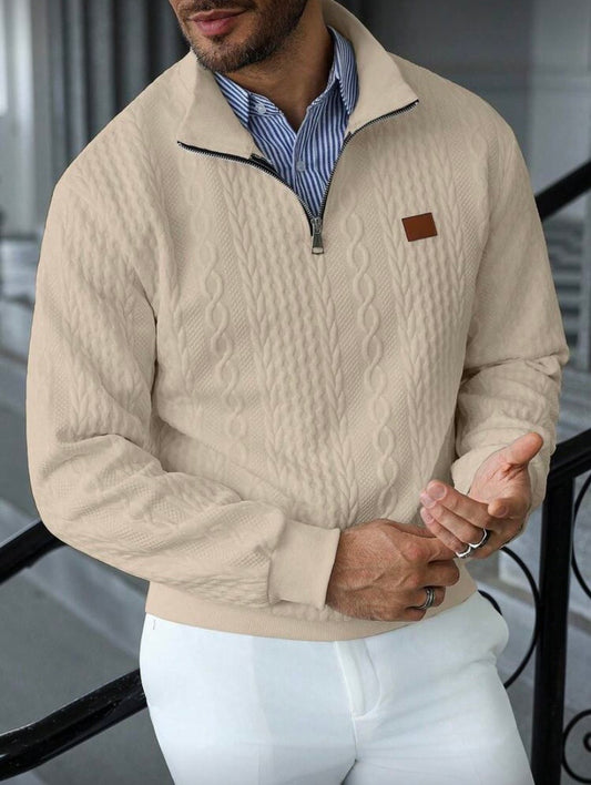 Sweat Homme Col Montant Demi-Zip, Couleur Unie Texturée, Style Minimaliste Décontracté