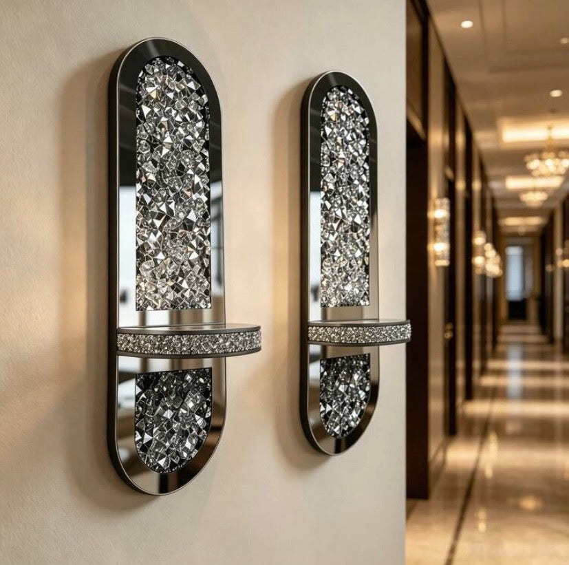 Lot de supports muraux pour bougies au design miroir argenté avec bougeoirs dorés, décoration murale moderne pour chambre ou salle à manger.