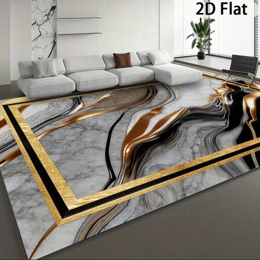 Grand tapis rectangulaire luxueux au style minimaliste avec motifs artistiques fluides en noir, blanc et doré, idéal pour salon, chambre ou bureau.