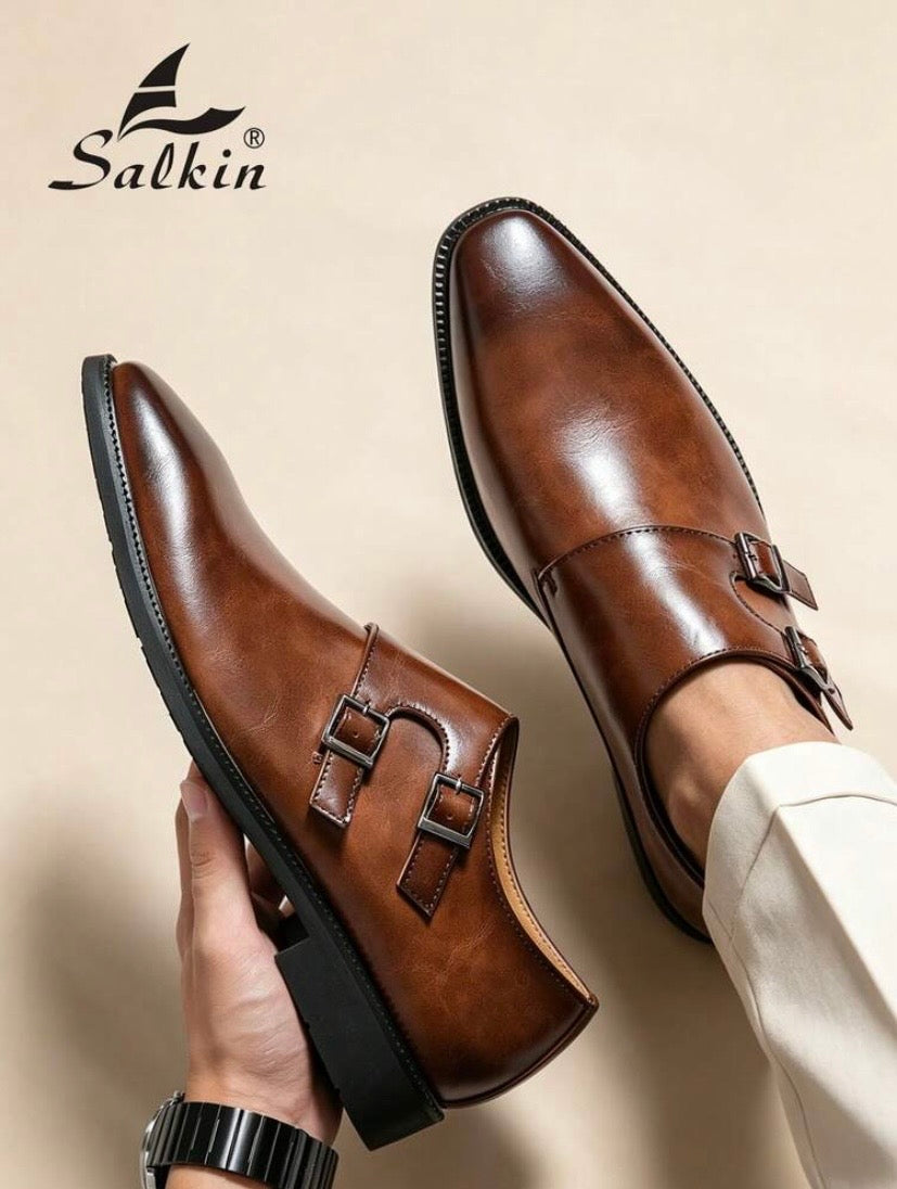Mocassins élégants pour homme à bout pointu avec double boucle style monk strap, parfaits pour le bureau, les cérémonies et les occasions formelles.