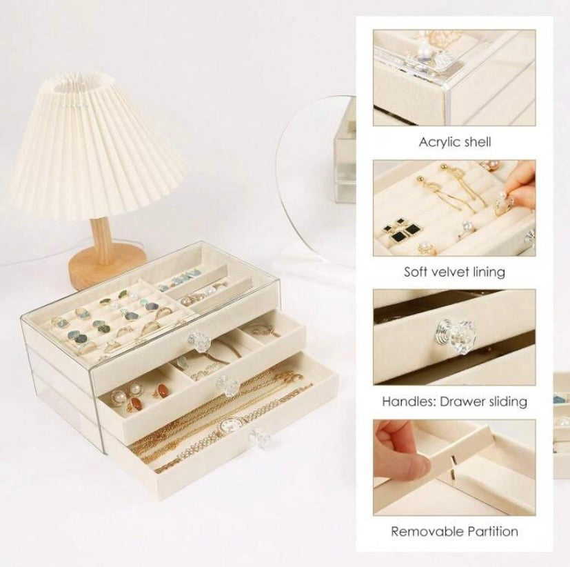 Boîte de rangement à bijoux en acrylique transparent à plusieurs niveaux avec tiroirs empilables, idéale pour organiser colliers, bracelets et boucles d’oreilles.