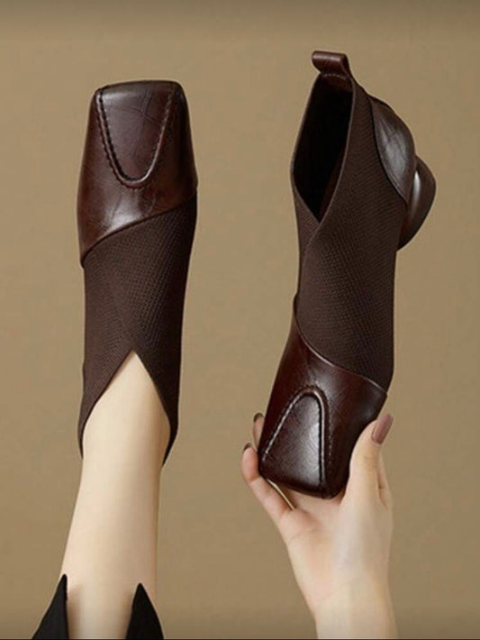 Chaussures Femme à Décolleté Profond – Bout Carré, Talon Moyen Épais, Bottines Élastiques Élégantes Printemps/Automne