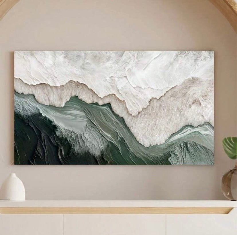 Grande toile abstraite verte style peinture à l’huile sans cadre, décoration murale pour salon ou chambre, 50 × 100 cm.